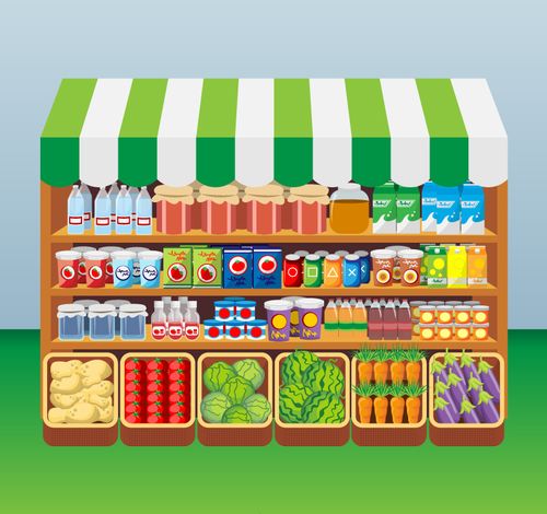 卡通卖食品便利店矢量素材,素材格式:ai,素材关键词:西红柿,蔬菜,胡